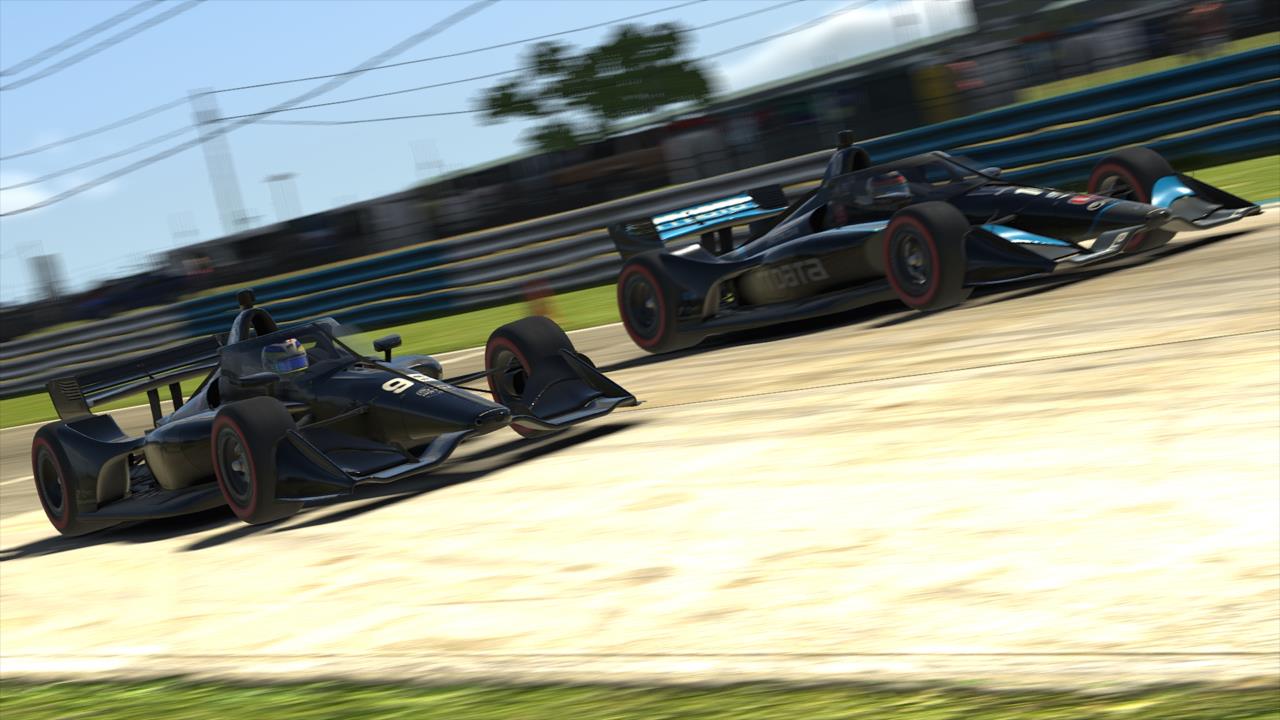 Alex Palou and Sage Karam go wheel-to-wheel during Race 3 of the INDYCAR iRacing Challenge Season 2 at the virtual Sebring International Raceway -- Photo by:  Photo Courtesy of iRacing